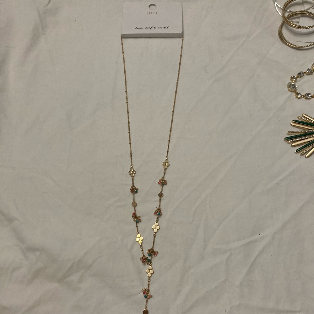 5-24 LOFT Goldtone necklace Beaded long Y shape NWT